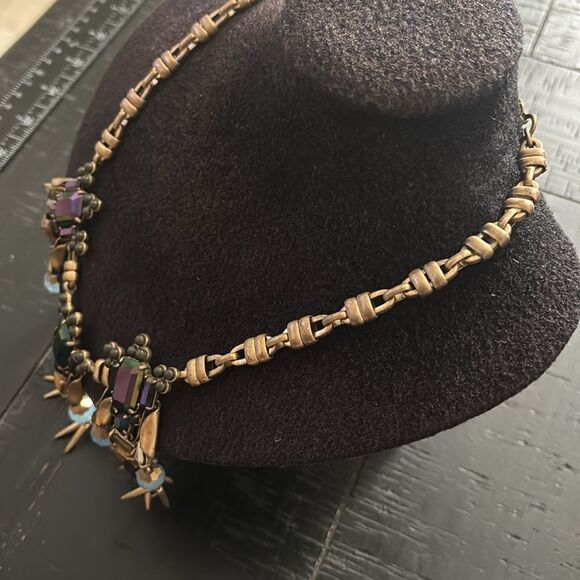 J. Crew Iridescent Dark Purple Green Rhinestone Dangles Bib Necklace Statement - Picture 4 of 10